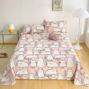 单人床纯棉床品两件套床单加枕套一对全棉床单子双人床两个猫咪