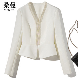 设计感珍珠V领长袖短外套女欧美修身复古气质高腰薄款小西装白色