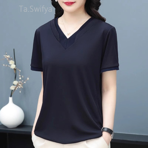 Ta.Swifya2024新款短袖T恤v领夏装中年妈妈大码宽松休闲时尚洋气