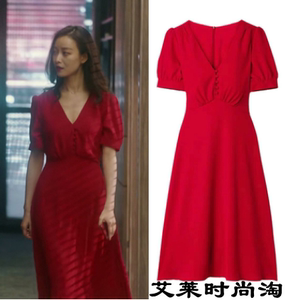 2021香港流金岁月朱锁锁倪妮明星同款法式红裙泡泡袖红色连衣裙夏