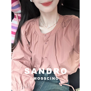 吴小姐韩代 SANDRO MOSSCINO粉色圆领灯笼袖衬衫女设计感长袖上衣