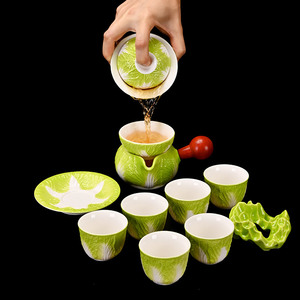 创意百财白菜浮雕茶具套装陶瓷功夫茶盖碗家用办公室泡茶高端送礼