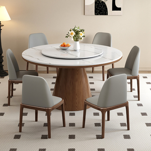 实木岩板餐桌椅组合现在简约圆桌客厅小户型酒店饭桌吃饭桌子家用