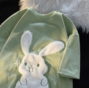 美式复古学院风毛绒小兔子纯棉短袖t恤女夏季新款设计感小众上衣