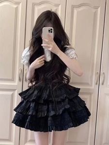 夏季套装裙甜美蕾丝衬衣短袖上衣黑色吊带裙公主裙萝莉蛋糕蓬蓬裙