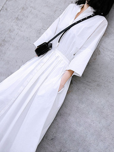 YENR 法式衬衫连衣裙女夏季新款白色连衣裙女仙气质衬衫领长裙