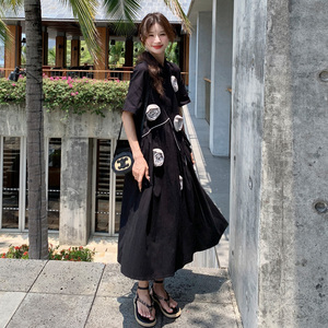 黑色设计感立体花连衣裙女夏2024新款韩版宽松休闲减龄遮肉衬衫裙