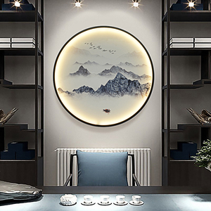 新中式玄关壁灯中国风禅意圆形客厅卧室茶室过道背景墙装饰壁画灯