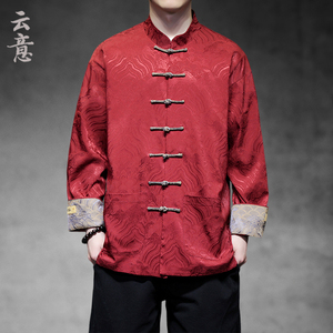 红色衬衫男长袖提花中山装外套夏季中国风男装衬衣新中式唐装汉服