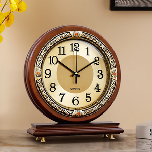 新中式实木座钟家用客厅台式钟表美式复古桌面摆件台钟装饰时坐钟