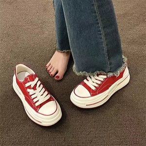 红色板鞋女款2024网红爆款厚底增高设计感小众帆布鞋小个子老爹鞋