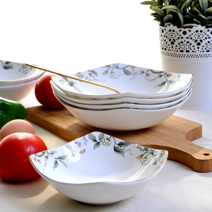 唐山骨瓷方形碗菜盘盘子深盘沙拉碗家用翘角四方大号陶瓷创意北欧