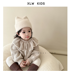 纯色百搭韩版婴儿毛线帽子柔软双尖角卷边男女童套头帽宝宝针织帽