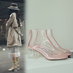 欧美pvc全透明水晶粗跟短靴高跟袜靴银色粉色女鞋裸靴网红雨靴潮