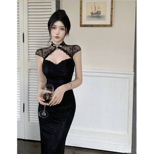 美式韩版夏季新中式年轻旗袍蕾丝开叉褶皱短袖复古改良连衣裙女装