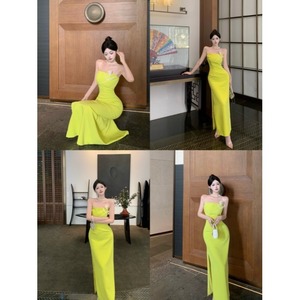 韩版柠檬黄高级感抹胸连衣裙轻奢礼服修身气质显白包臀长裙女夏季