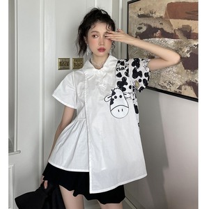 图案印花不对称衬衫女2022春夏设计感小众白色上衣韩版娃娃衫