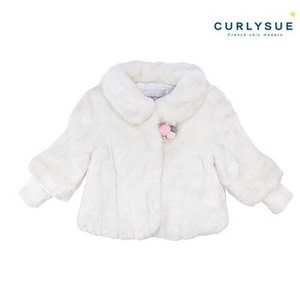 curlysue韩国可爱秀童装冬季女童白色圆领仿皮草大衣外套