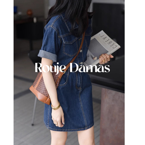 rouje damas复古蓝色显高牛仔连衣裙女夏新款收腰短款衬衫连体裙