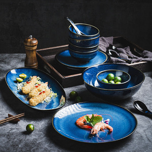 日式蓝色窑变陶瓷餐具 美式复古家用碗碟套装米饭碗菜盘餐厅餐盘