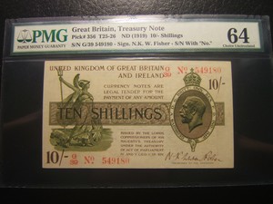 英国纸币 国库券 1923年 10先令 UNC PMG64