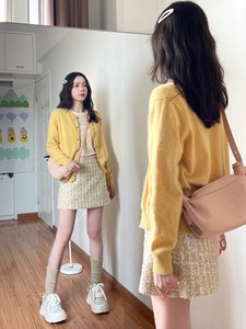 韩系奶黄色长袖针织衫女春季2024新款温柔风软糯宽松短款开衫外套