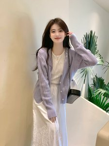 韩版蓝紫色镂空针织开衫毛衣女2024春季新款宽松显瘦上衣薄款外套