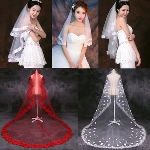 新款新娘头纱韩式钻简约唯美婚纱头纱短款白红色结婚纱配饰发梳款