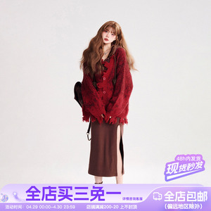 【现货】11SH97红色毛衣女秋冬设计感宽松开衫V领针织衫外套