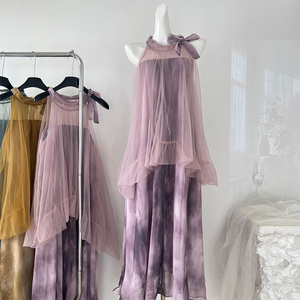法式紫色扎染挂脖连衣裙绝美气质仙女假两件拼接网纱无袖超仙裙子