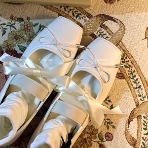 Lcwroo法式小香风方头芭蕾舞鞋女外穿绑带玛丽珍女鞋可爱白色单鞋