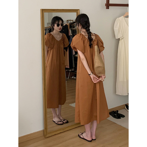BRIVIN法式橘色连衣裙女高级感2024夏季新款一片式系带V领长裙子