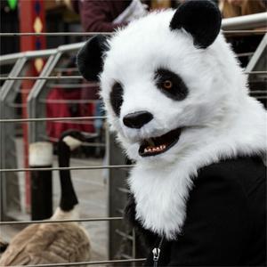 新款毛绒动物头套面具 嘴巴会动可爱熊猫头套 万圣节表演道具抖音