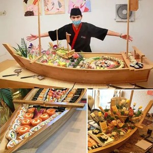 竹制龙船豪华刺身船干冰船自助餐海鲜拼盘寿司盛台刺身船理寿司船