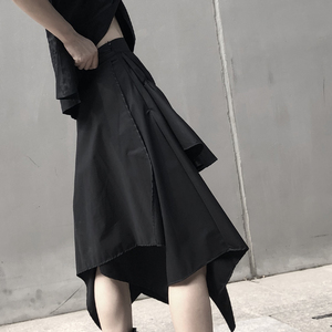 MAO黑色半身裙女中长款2019夏季新款不规则设计感褶皱a字