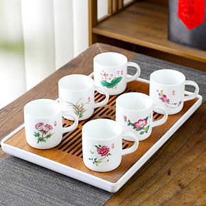 白瓷茶杯陶瓷喝茶专用主人杯待客家用带把防烫6只装品茗酒杯定制