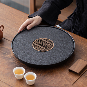 新中式茶台托盘乌金瓷石圆形茶盘干泡盘家用轻奢茶海储水式沥水盘