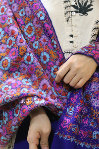 印度手工围巾满绣克什米尔羊毛手绣民族绣花披肩雏菊宝蓝色精品