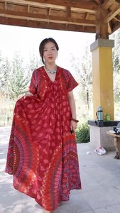 东南亚曼达拉异域风手工印花天然有机植物印染纯棉V领短袖连衣裙