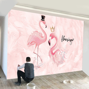 墙画壁纸自粘墙纸墙贴画北欧ins风粉色少女墙火烈鸟热带网红背景