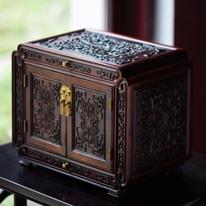 老挝大红酸枝木西番莲卷草纹首饰收纳盒中式实木结婚化妆箱百宝箱