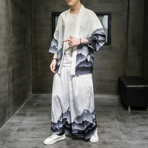 中国风男装龙袍仙气汉服夏季薄款冰丝七分袖套装复古唐装禅服道袍
