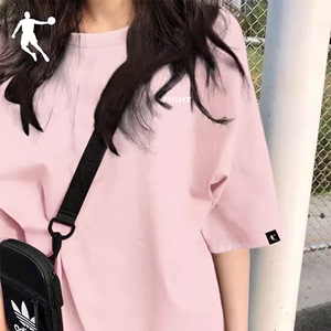 乔丹短袖T恤女夏季官网旗舰正品2024新款体恤运动服粉色宽松半袖T