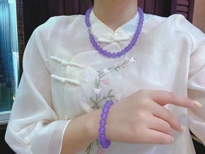 天然冰种紫玉髓圆珠项链翡翠紫罗兰色毛衣链玉手串玛瑙手链锁骨链