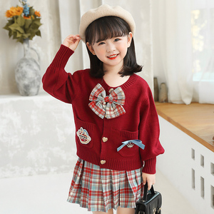 韩国儿童针织开衫两件套JK套裙2023女童洋气格子裙学院风英伦套装