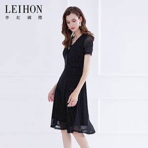 LEIHON/李红国际夏季商场同款优雅波点裙蕾丝V领A版连衣裙