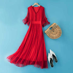 法式不规则红色真丝连衣裙女夏季小个子收腰修身桑蚕丝海边沙滩裙