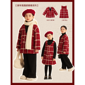 Amybaby女童呢子外套冬季儿童红色小香风拜年服夹棉加厚保暖外套