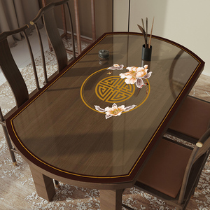 新中式弧形台桌布防水防油免洗椭圆形餐桌垫透明软玻璃印花茶几垫