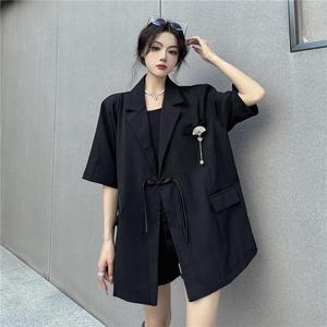 特大码300斤短袖西服外套男女装夏季新中式黑色高级感五分袖上衣2